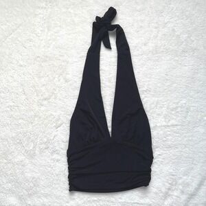 Moa Moa Halter Top Women Black Ruched Plunging V-Neck- Size S